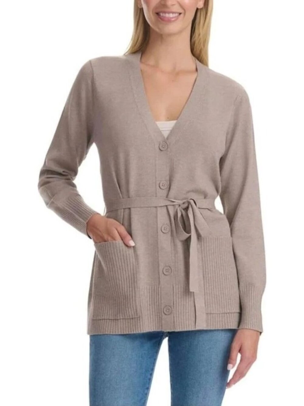 NWOT Splendid Women's M Beige Ribbed Tie-Waist Cardigan Sweater Viscose C0474